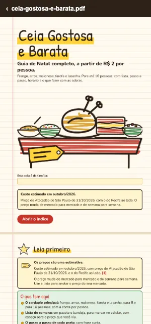 Capa do PDF Ceia Gostosa e Barata aberta no celular.