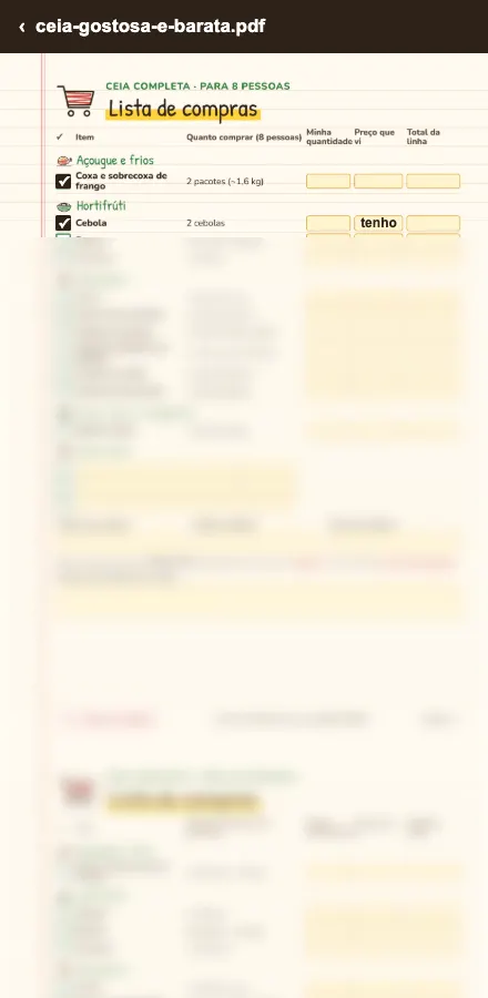 Lista de compras do PDF aberta no celular, com 2 itens marcados.